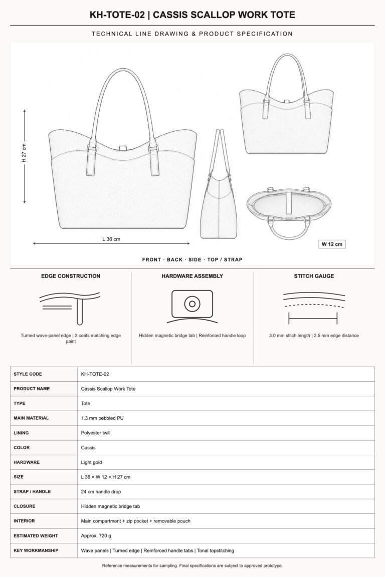 KH-TOTE-02 Cassis Scallop Work Tote technical line drawing and product specification