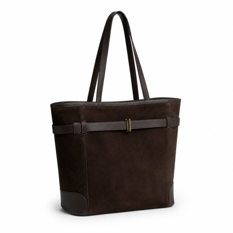 KH-TOTE-03 Espresso Belted Vertical Tote, front view on a white background