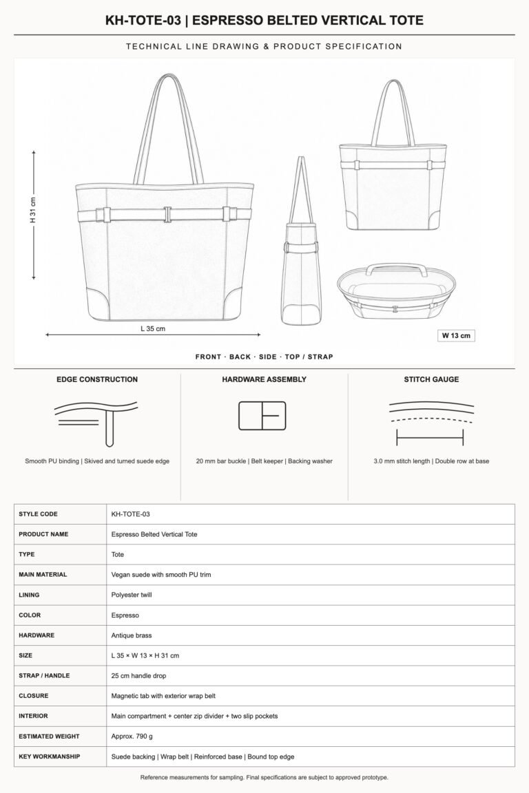 KH-TOTE-03 Espresso Belted Vertical Tote technical line drawing and product specification