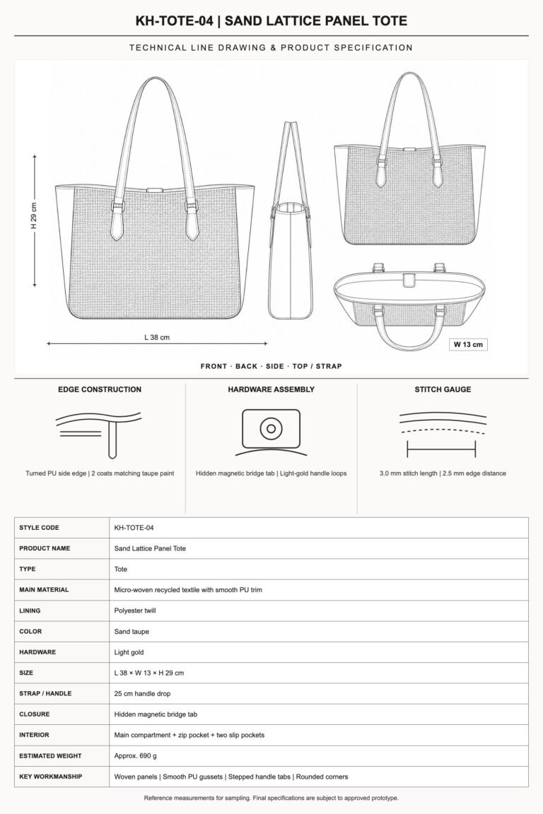 KH-TOTE-04 Sand Lattice Panel Tote technical line drawing and product specification