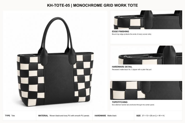 KH-TOTE-05 Monochrome Grid Work Tote craft details