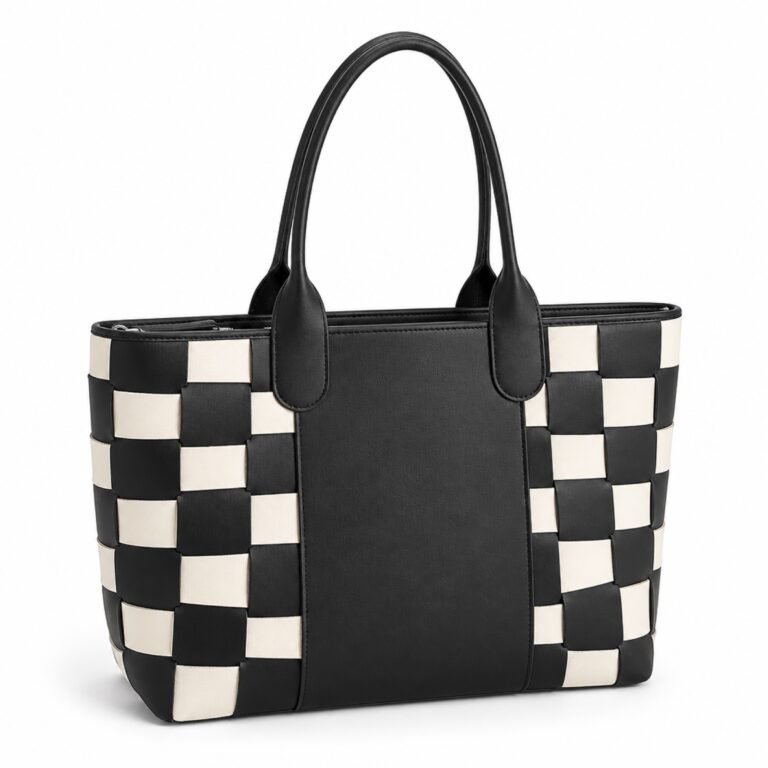 KH-TOTE-05 Monochrome Grid Work Tote, front view on a white background