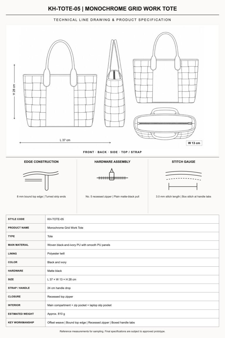 KH-TOTE-05 Monochrome Grid Work Tote technical line drawing and product specification