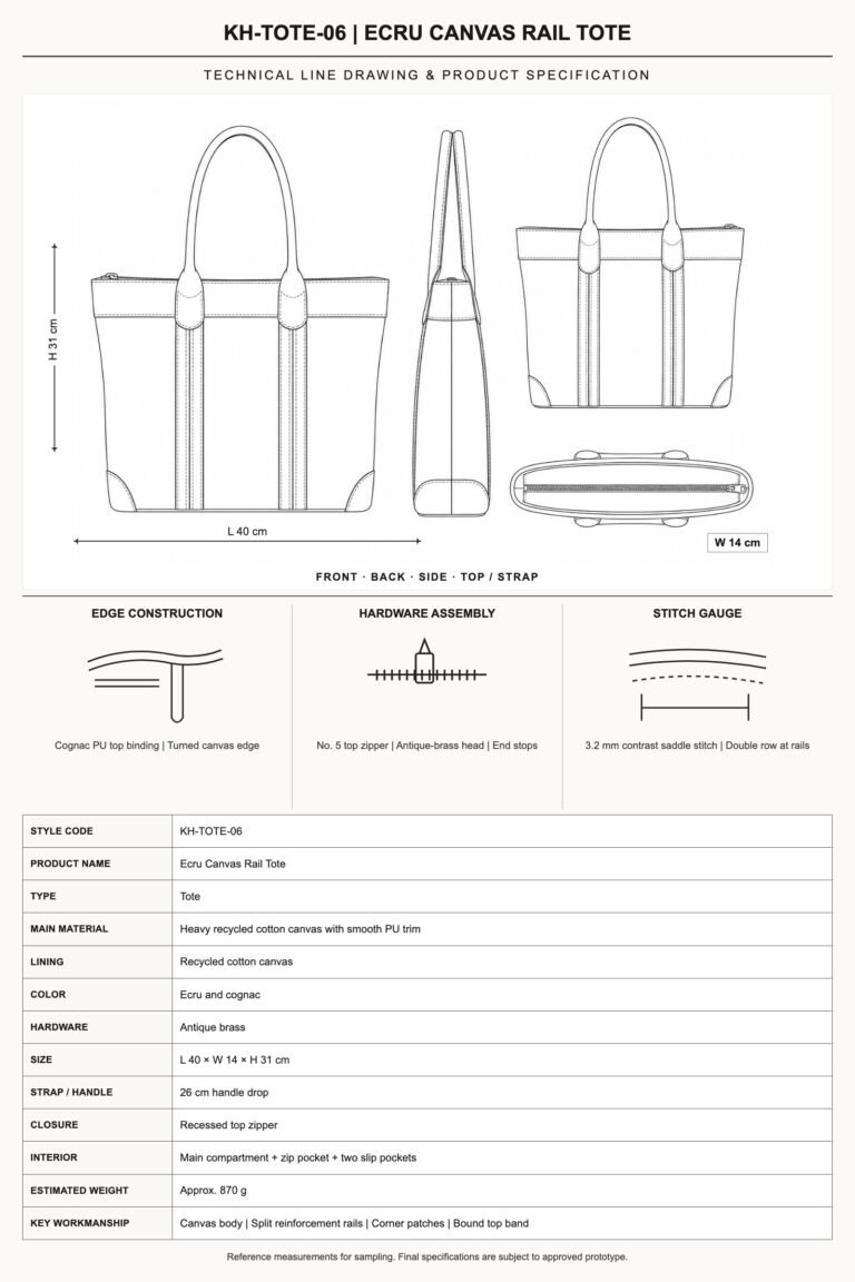 KH-TOTE-06 Ecru Canvas Rail Tote technical line drawing and product specification