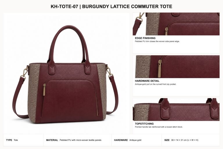 KH-TOTE-07 Burgundy Lattice Commuter Tote craft details