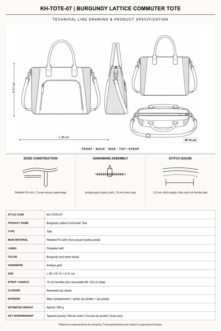 KH-TOTE-07 Burgundy Lattice Commuter Tote technical line drawing and product specification
