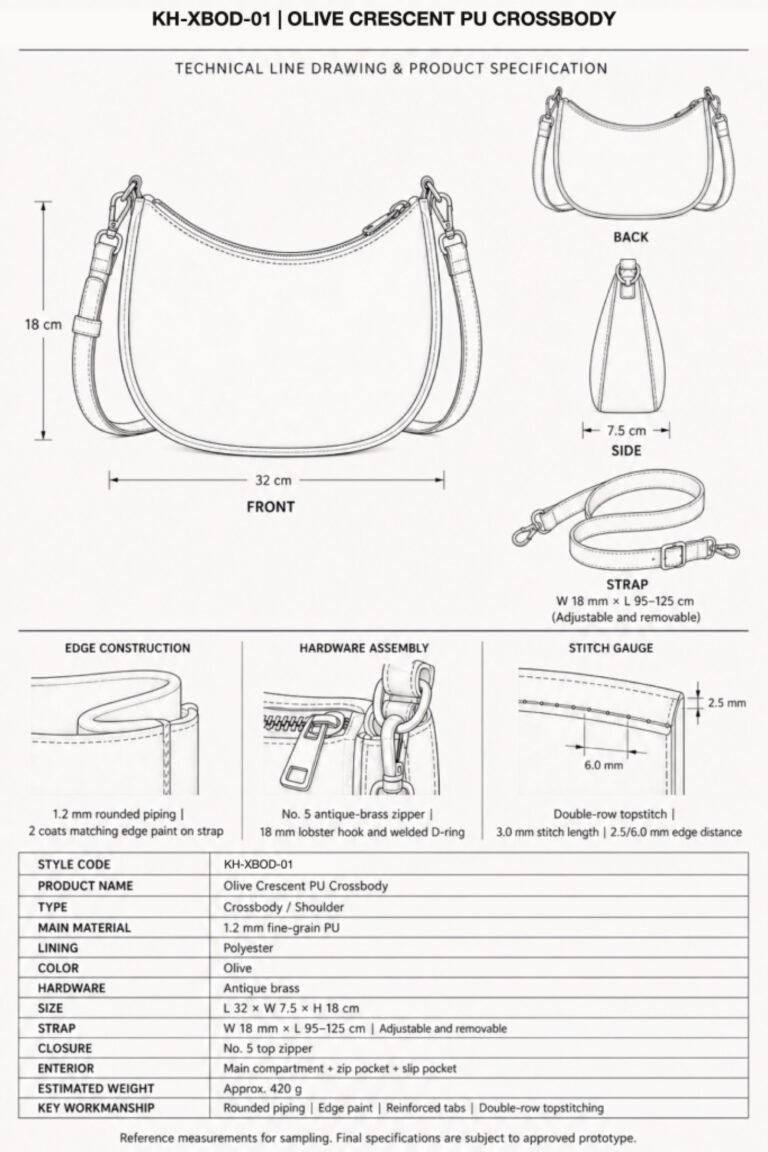 KH-XBOD-01 Olive Crescent PU Crossbody technical line drawing and product specification