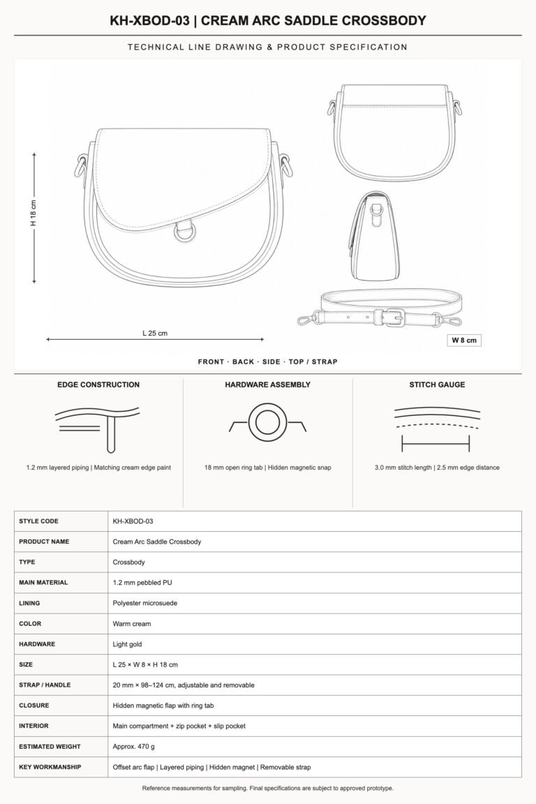 KH-XBOD-03 Cream Arc Saddle Crossbody technical line drawing and product specification