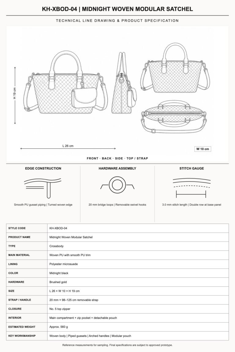 KH-XBOD-04 Midnight Woven Modular Satchel technical line drawing and product specification
