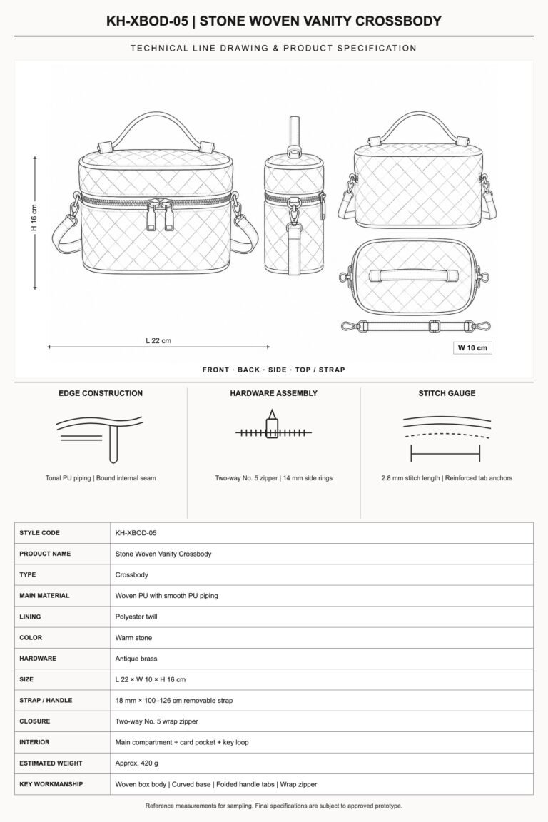 KH-XBOD-05 Stone Woven Vanity Crossbody technical line drawing and product specification