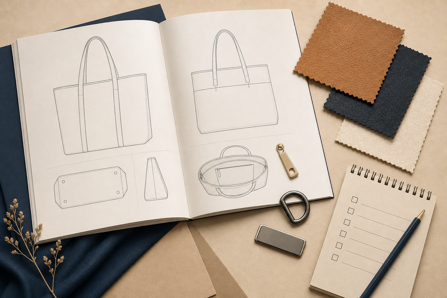 Editorial still life of a handbag tech pack, material swatches, zipper, and hardware for a first-sample brief